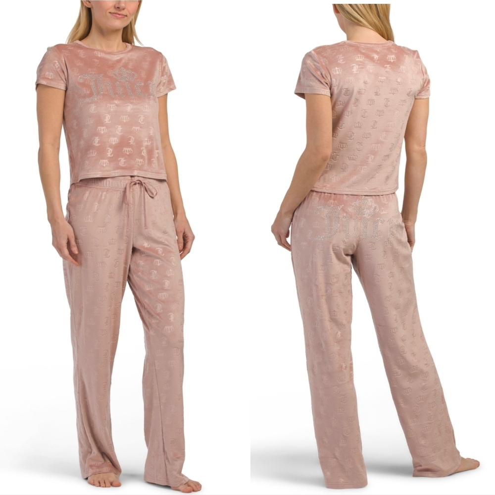 🤎🔹️Juicy Couture🔹️ 2pc Short Sleeve Velour Lounge Set With Rhinestone Detail